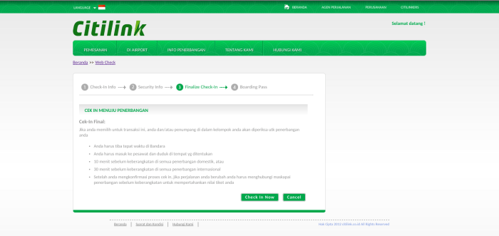 Cara check in Citilink online lewat website resmi